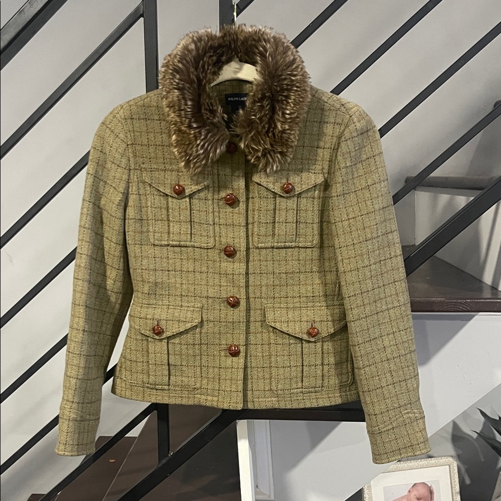 Ralph Lauren Wool Tweed Blazer Coat Cow Leather Pleated Classy Preppy‎ 14